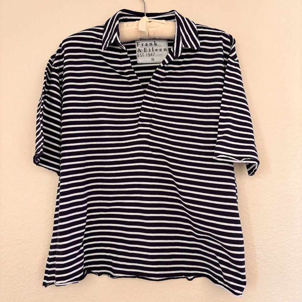 Frank & Eileen Striped Polo Shirt M Navy White Coastal Preppy Breton Made USA